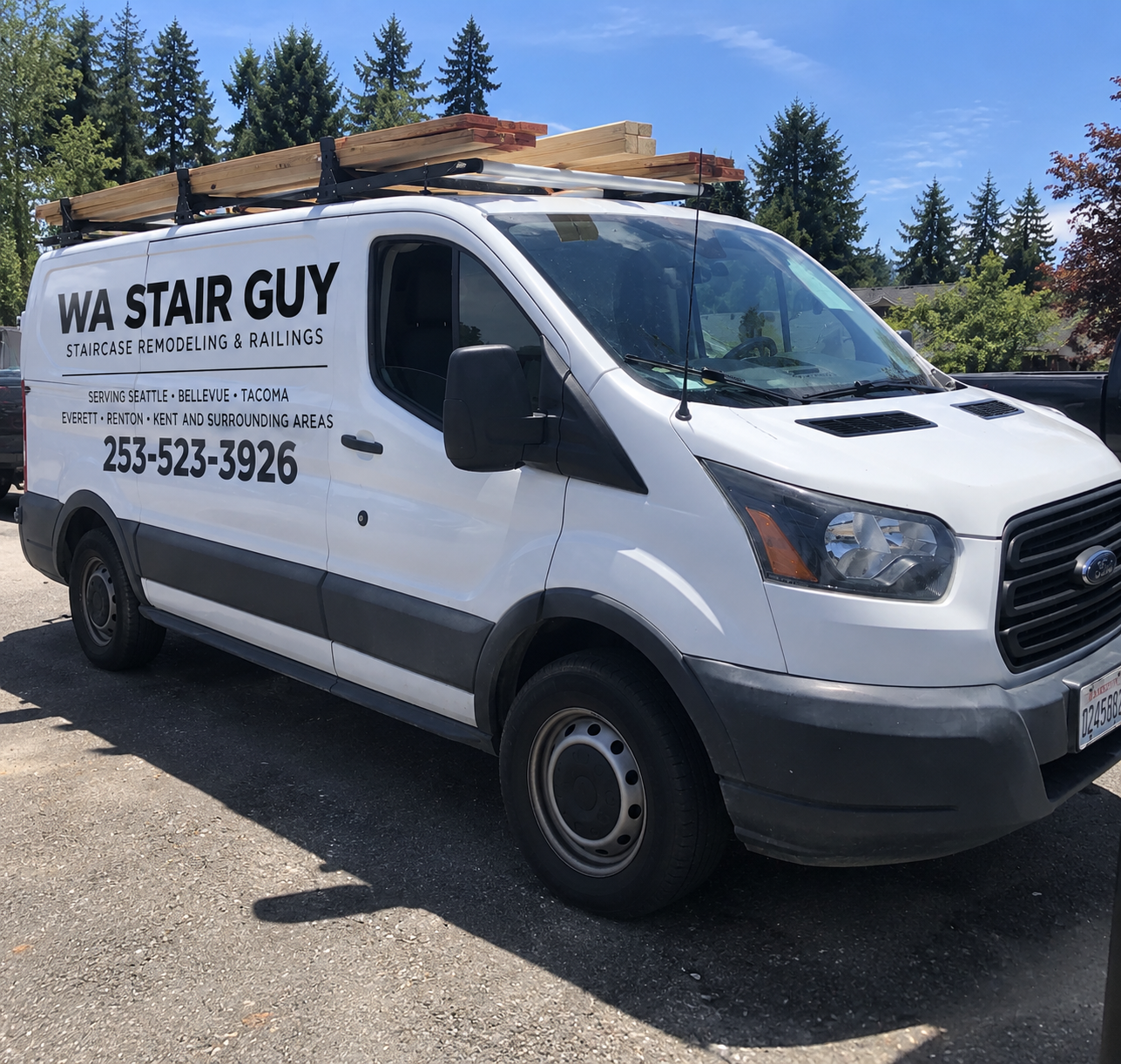 WA Stair Guy work van loaded with stair lumber